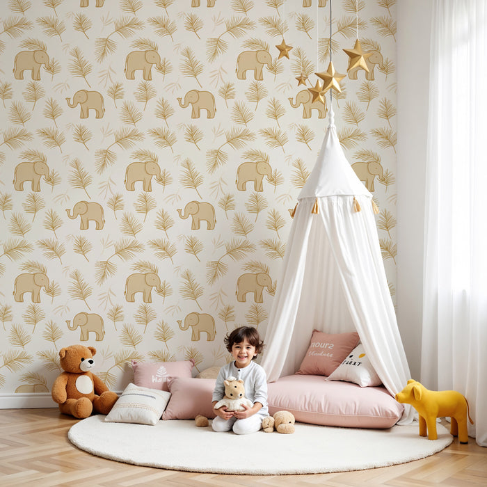 Kinderkamer behang met patronen | Vrolijke olifanten te midden van delicate bladeren