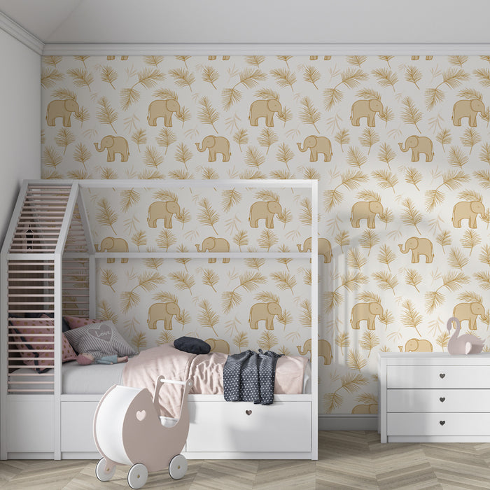 Kids room wallpaper with patterns | Smiling elephants in the middle of delicate foliage