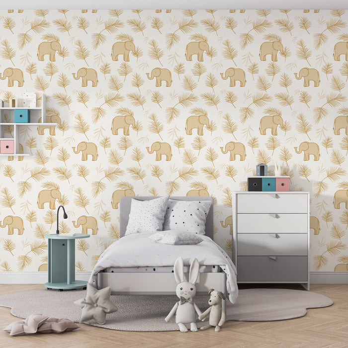 Kids room wallpaper with patterns | Smiling elephants in the middle of delicate foliage