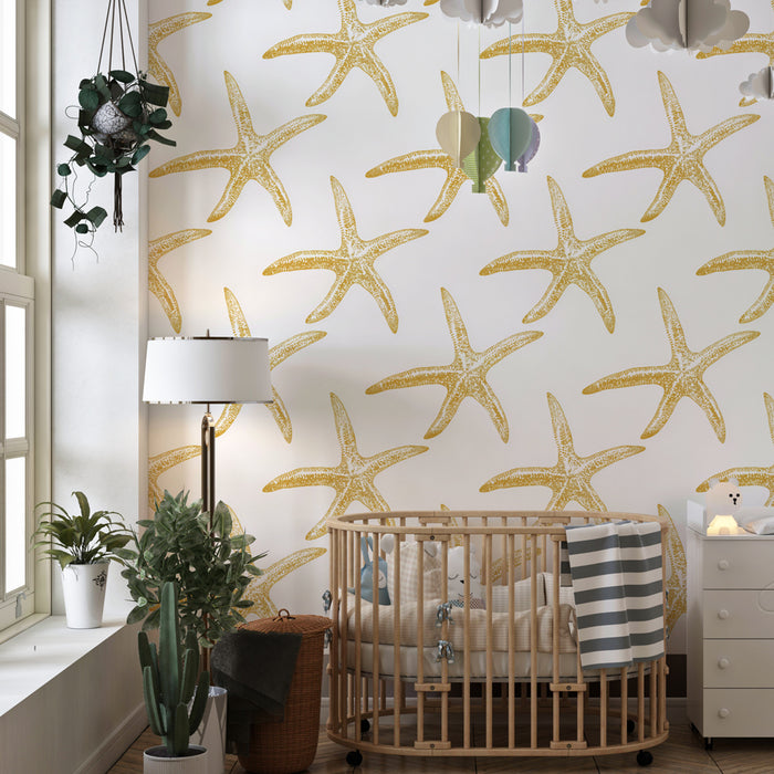 Kids room wallpaper with patterns | Golden starfish on white background