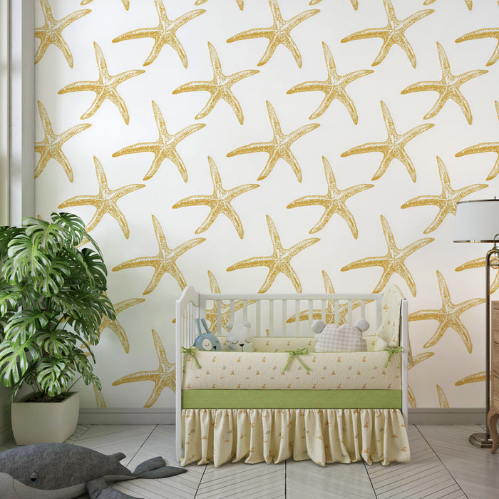 Kids room wallpaper with patterns | Golden starfish on white background