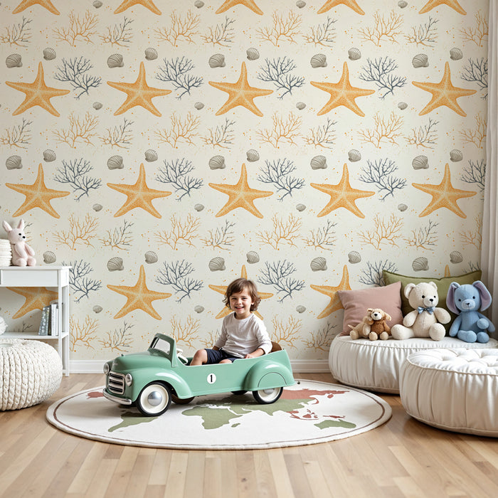 Kinderkamer behang met patronen | Zeesterren en koraal in aquarel