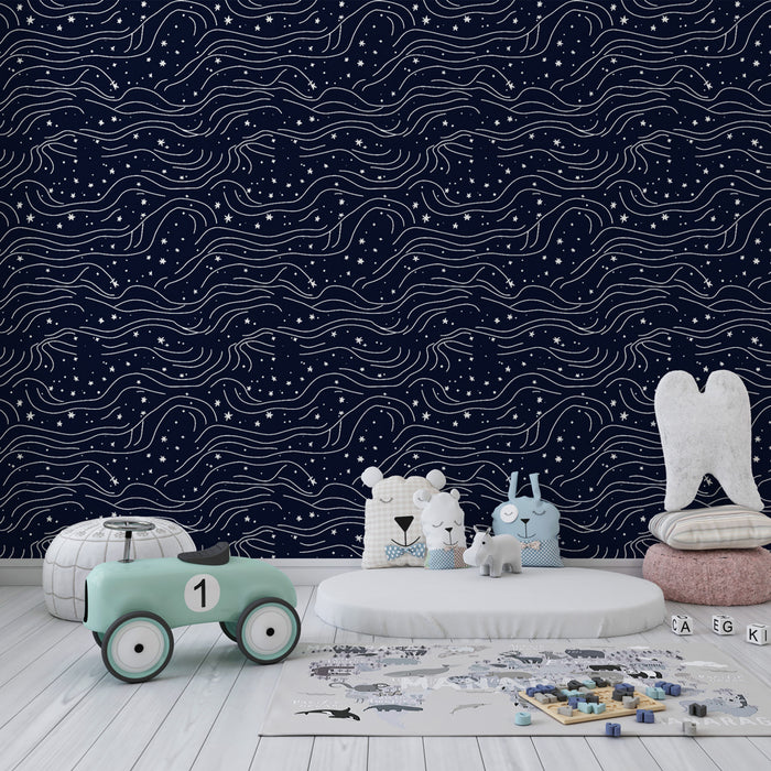 Papier peint chambre enfant à motifs | Étoiles et vagues sur fond marine