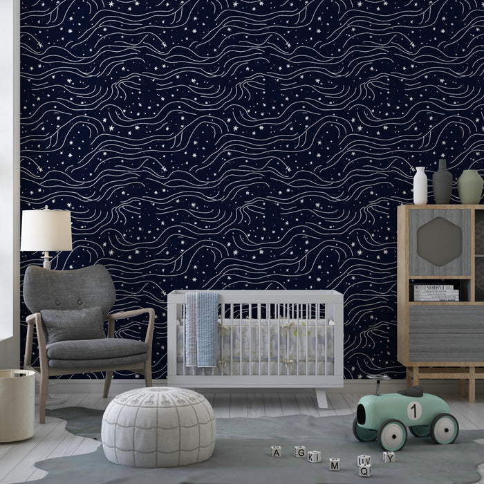 Papier peint chambre enfant à motifs | Étoiles et vagues sur fond marine