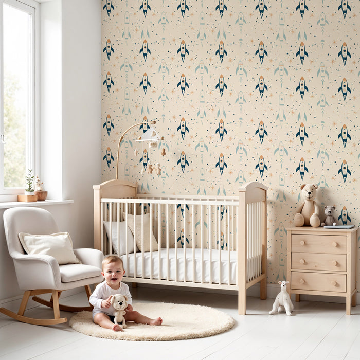 Papier peint chambre enfant à motifs | Fusées colorées et étoiles scintillantes