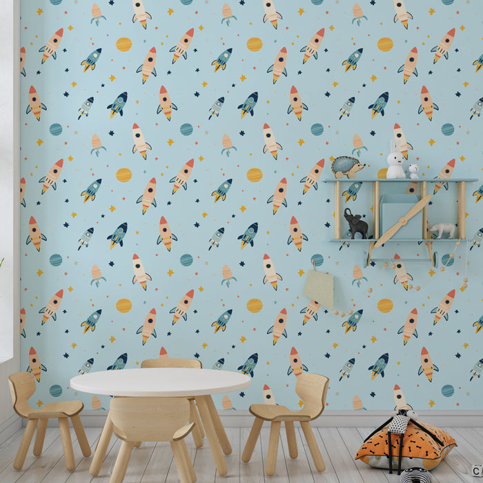 Papel de parede criança com padrões | Foguetes coloridos e estrelas brilhantes em fundo azul