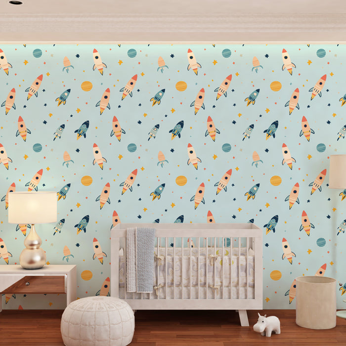 Papel de parede criança com padrões | Foguetes coloridos e estrelas brilhantes em fundo azul