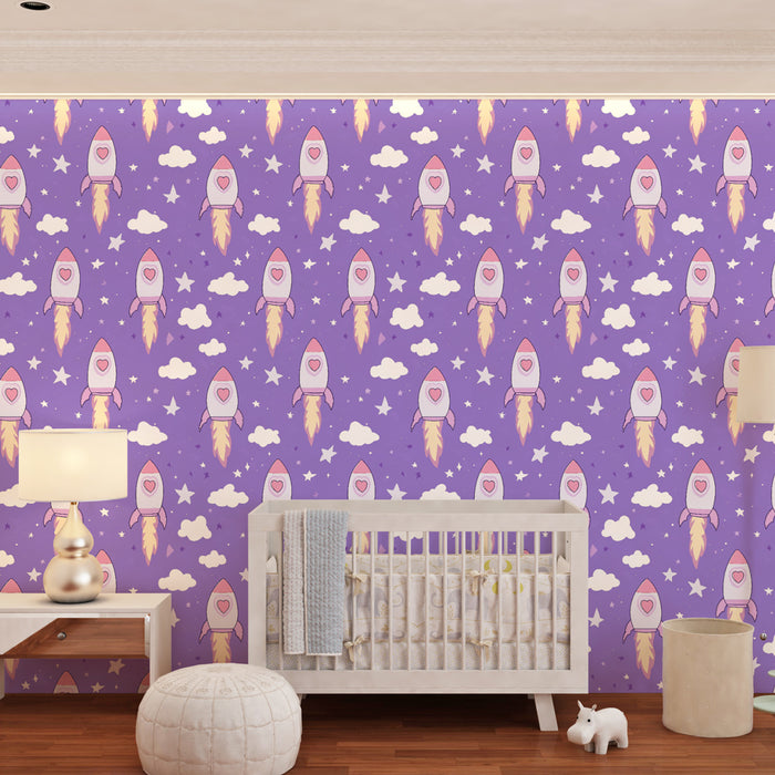 Papel de parede criança com padrões | Foguetes coloridos e nuvens fofas em fundo violeta