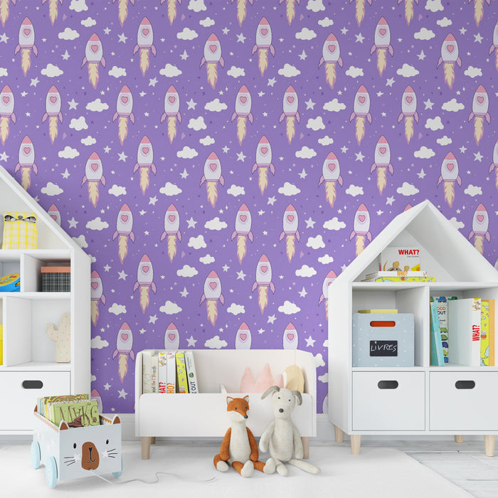 Papel de parede criança com padrões | Foguetes coloridos e nuvens fofas em fundo violeta