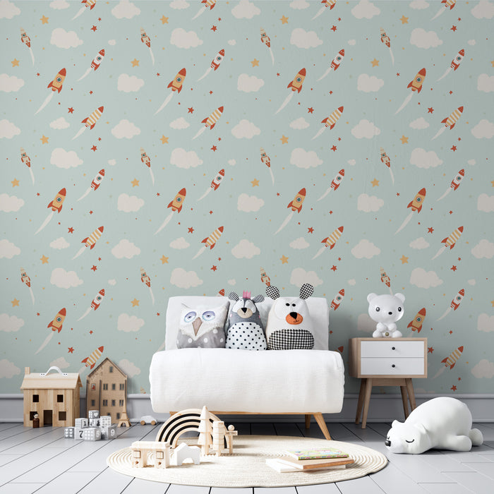 Papier de parede quarto criança com padrões | Foguetes coloridos e nuvens suaves