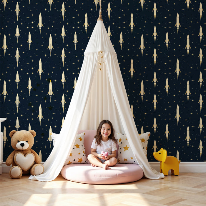 Kinderzimmer Tapete mit Motiven | Goldene Raketen auf einem nächtlichen Sternenhimmel Hintergrund