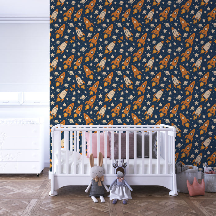 Papier peint chambre enfant à motifs | Fusées et étoiles dans l'espace