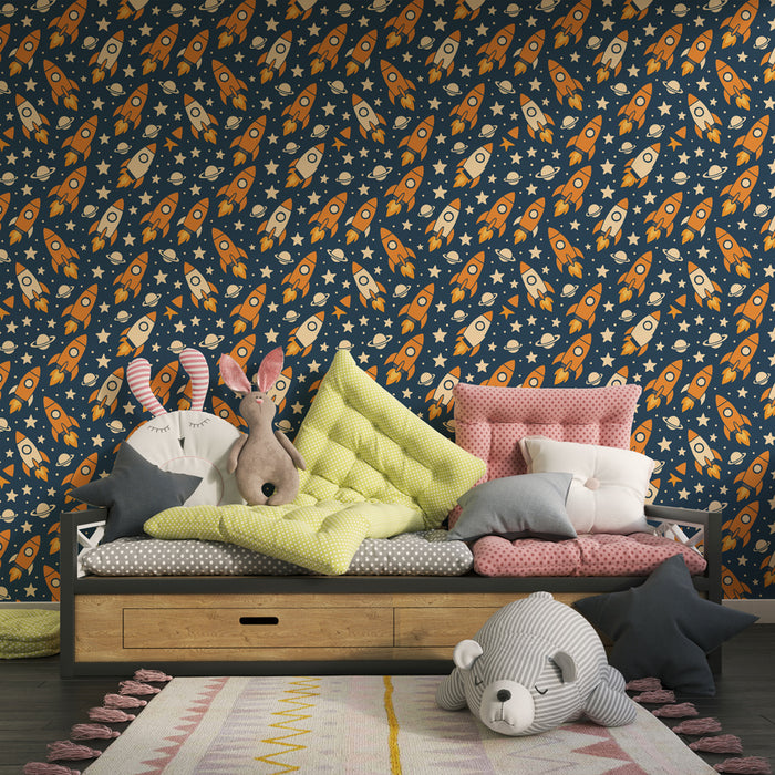 Papier peint chambre enfant à motifs | Fusées et étoiles dans l'espace