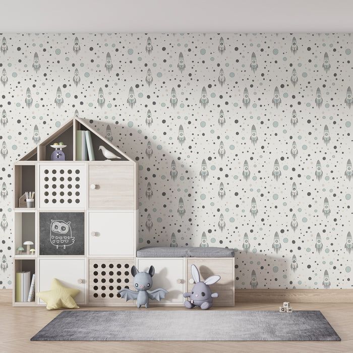 Papier peint chambre enfant à motifs | Fusées et étoiles sur fond doux