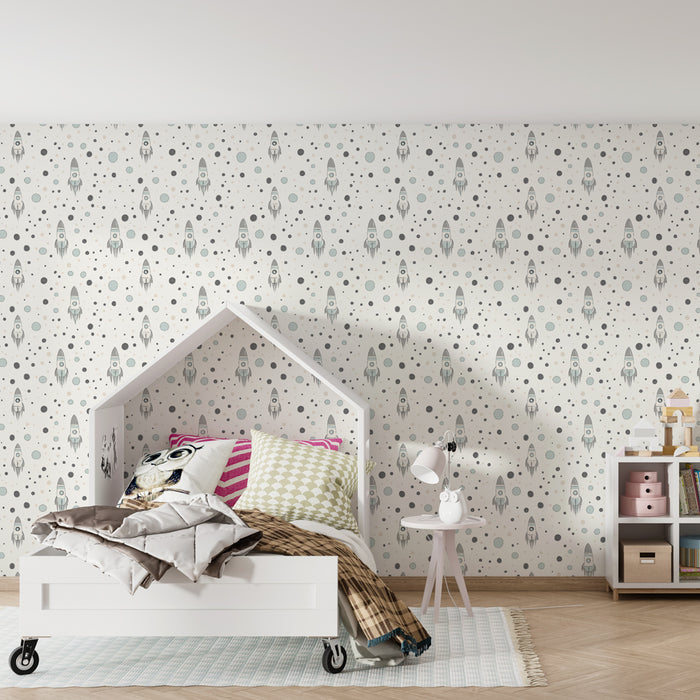 Papier peint chambre enfant à motifs | Fusées et étoiles sur fond doux