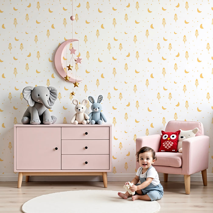 Kinderzimmer Tapete mit Motiven | Raketen und goldene Monde auf weißem Hintergrund