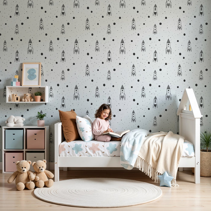 Kinderzimmer Tapete mit Motiven | Raketen und Planeten in monochromen Mustern