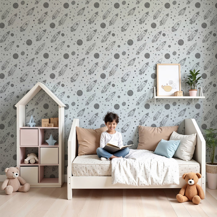 Kids room wallpaper with patterns | Rockets and planets on a soft background