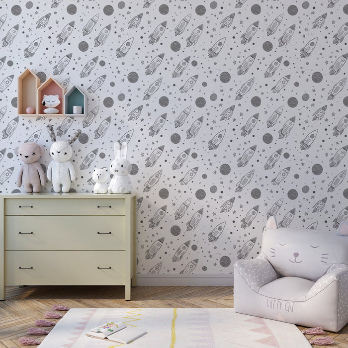 Papier peint chambre enfant à motifs | Fusées et planètes sur fond doux