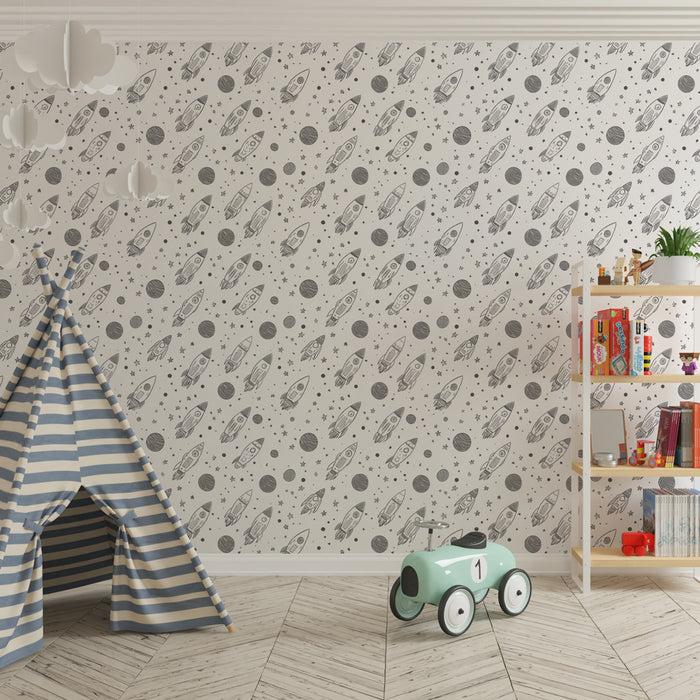 Papier peint chambre enfant à motifs | Fusées et planètes sur fond doux