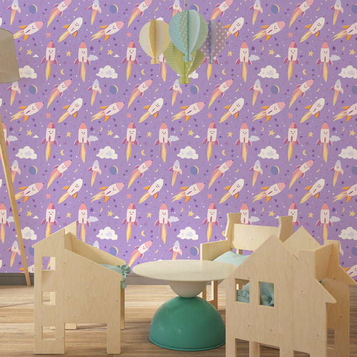 Papier peint chambre enfant à motifs | Fusées joyeuses et nuages sur fond violet