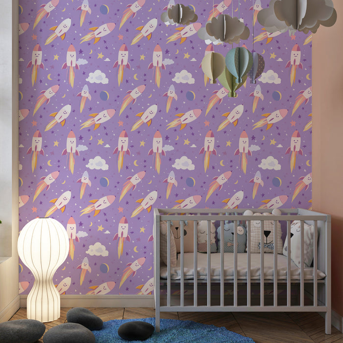 Papier peint chambre enfant à motifs | Fusées joyeuses et nuages sur fond violet
