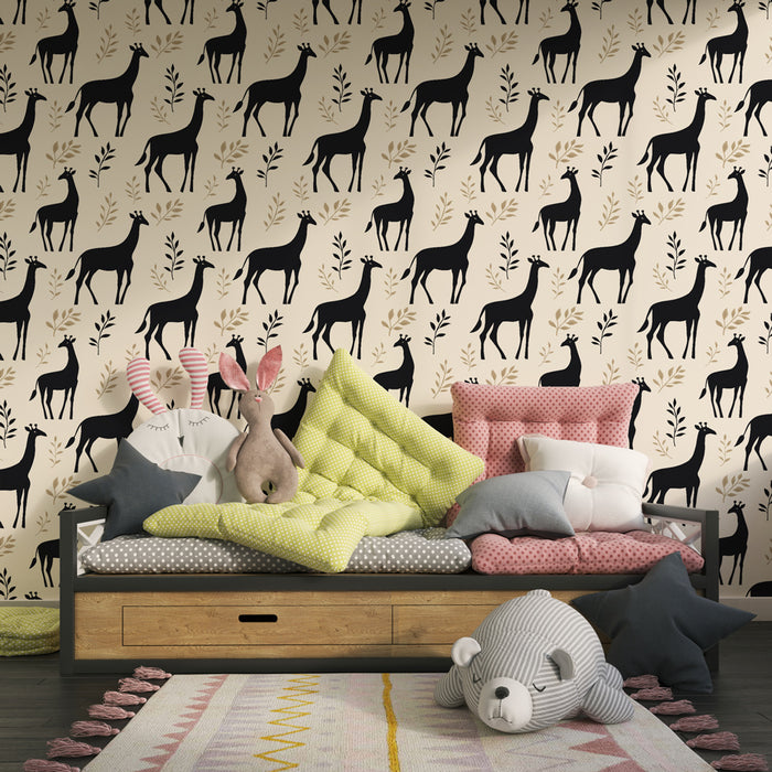 Papel de parede criança com padrões | Girafas elegantes e folhagem delicada