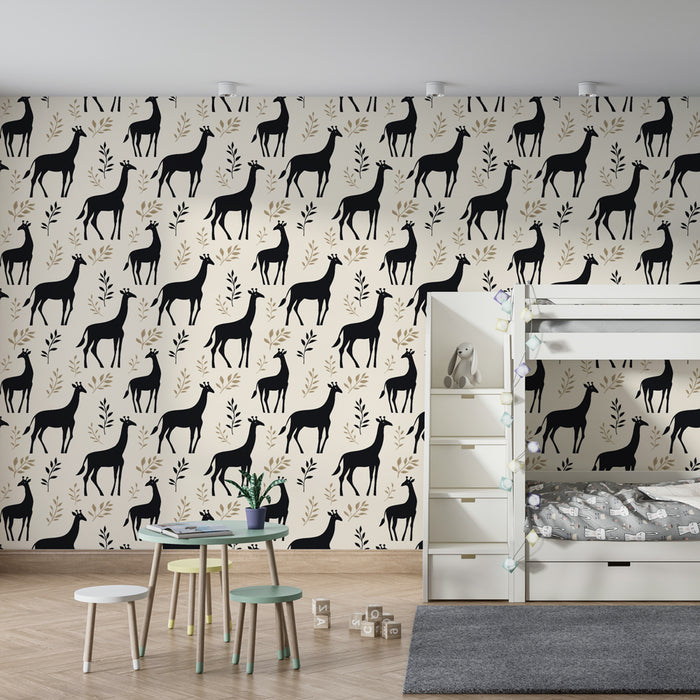 Papel de parede criança com padrões | Girafas elegantes e folhagem delicada