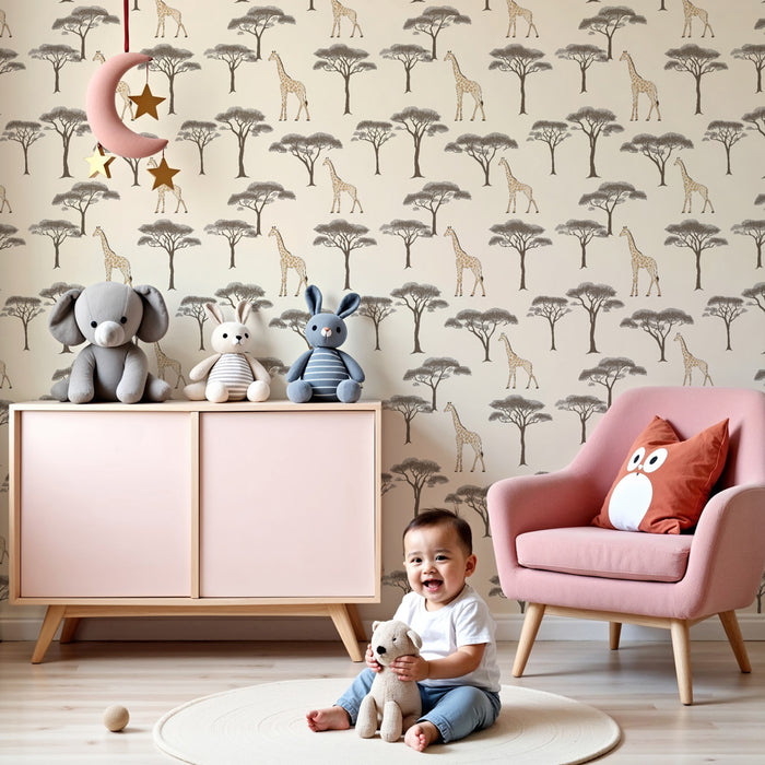 Papel de parede criança com padrões | Girafas e acácias num cenário africano