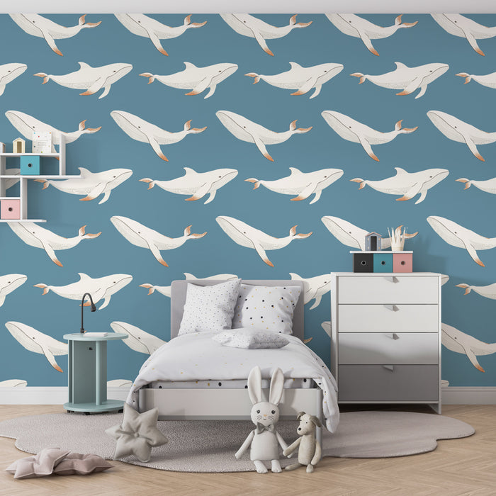 Papel de parede criança com padrões | Baleias graciosa em fundo azul