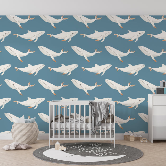Papel de parede criança com padrões | Baleias graciosa em fundo azul
