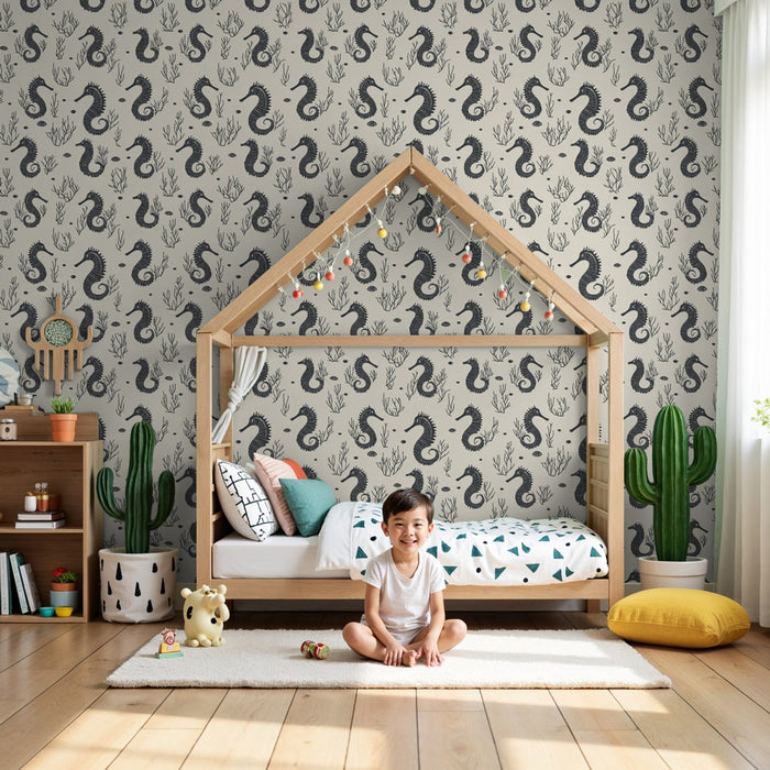 Papel pintado infantil con motivos de caballitos de mar elegantes y algas delicadas