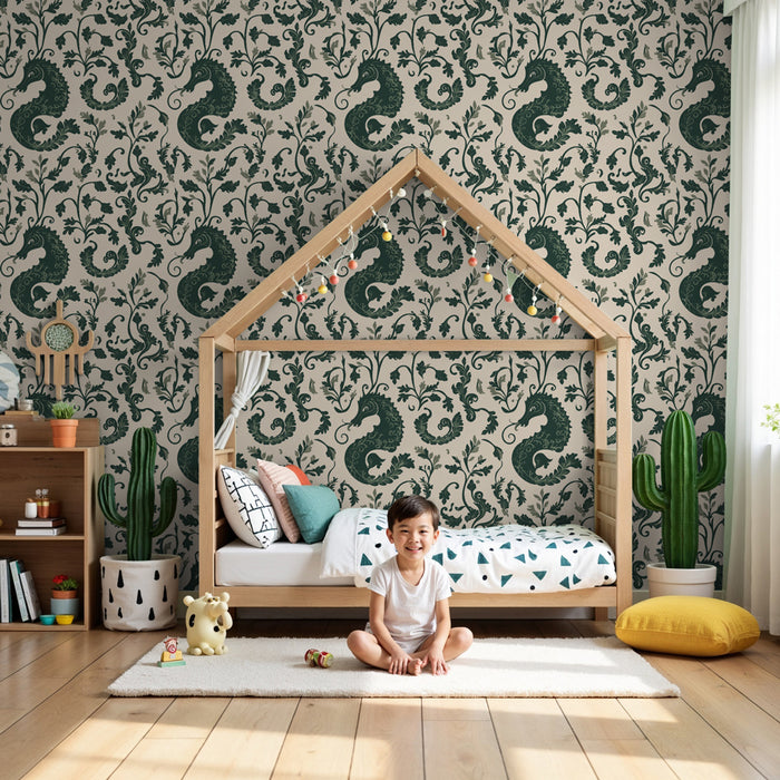 Kids room wallpaper with patterns | Seahorses and delicate foliage