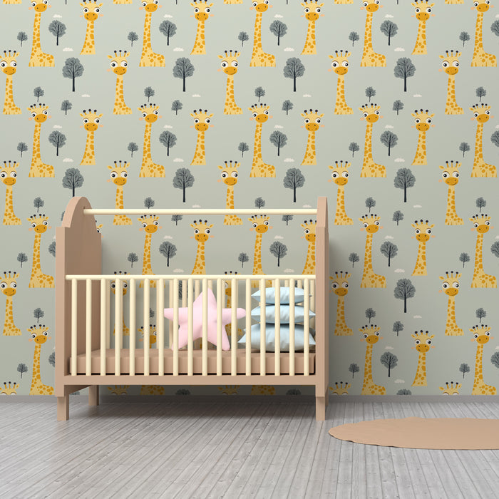 Papel de parede criança com padrões | Girafas felizes no meio das árvores