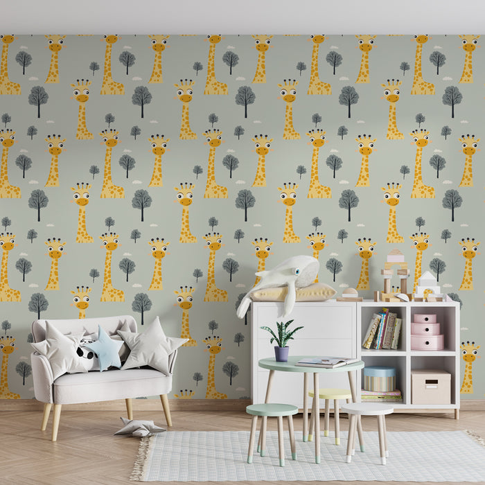 Papel de parede criança com padrões | Girafas felizes no meio das árvores