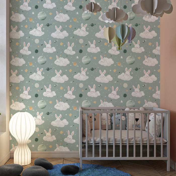 Papier peint chambre enfant à motifs | Lapins dans les nuages et étoiles scintillantes