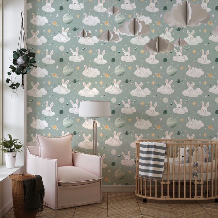 Papier peint chambre enfant à motifs | Lapins dans les nuages et étoiles scintillantes
