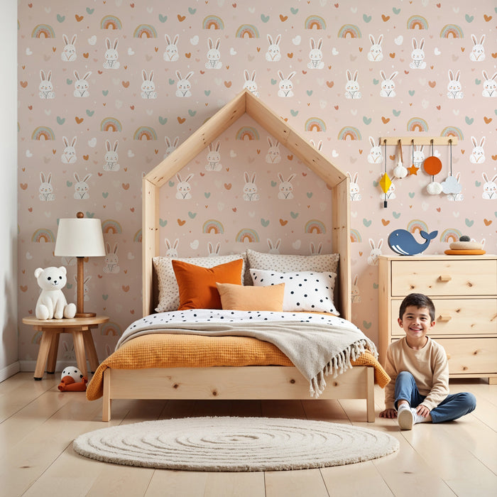 Tapet pentru camera copilului cu modele | Iepurași adorabili și curcubeie colorate