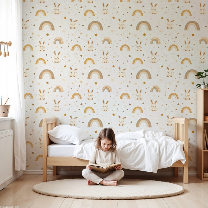 Papel pintado infantil con motivos | Conejos lindos y arcoíris dorados