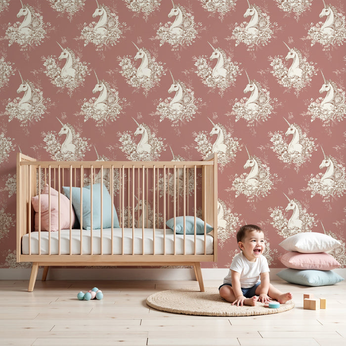 Tapet pentru camera copilului cu modele | Licornele în mijlocul florilor delicate