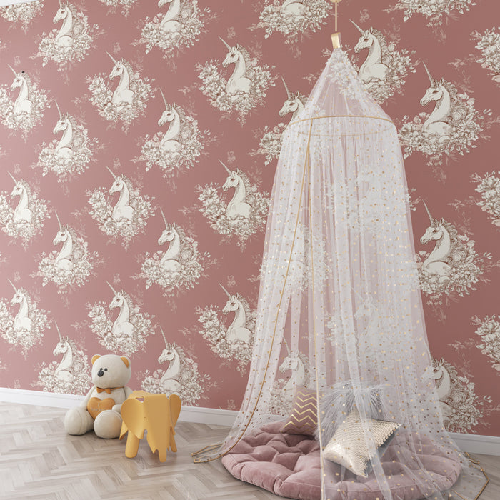 Kids room wallpaper with patterns | Unicorns in the midst of delicate flowers