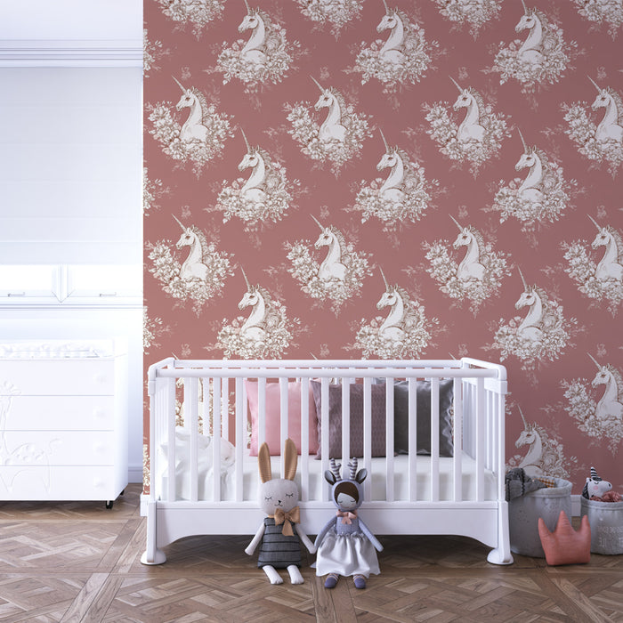 Kids room wallpaper with patterns | Unicorns in the midst of delicate flowers