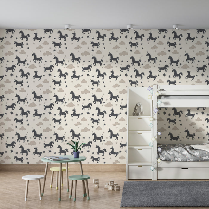 Papel de parede criança com padrões | Unicórnios nas nuvens e estrelas