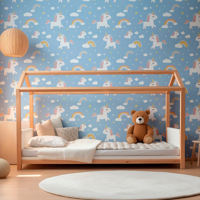 Papel de parede criança com padrões | Unicórnios e arco-íris em fundo azul