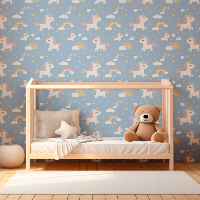 Papel de parede criança com padrões | Unicórnios e arco-íris em fundo azul