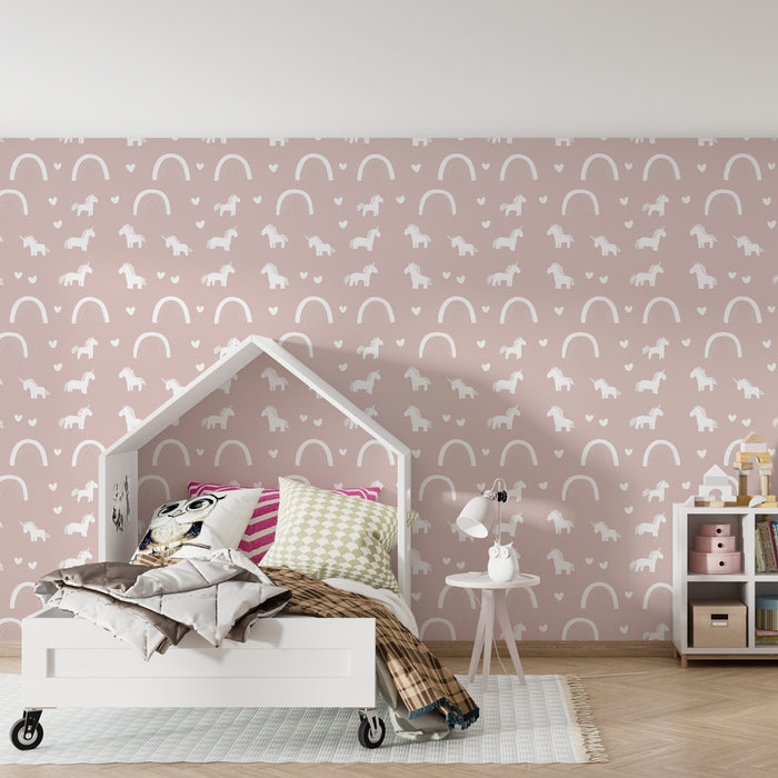 Papel de parede criança com padrões | Unicórnios e arco-íris em fundo rosa