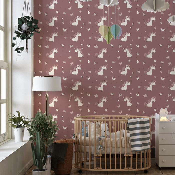 Papel de parede criança com padrões | Unicórnios e corações em fundo rosa