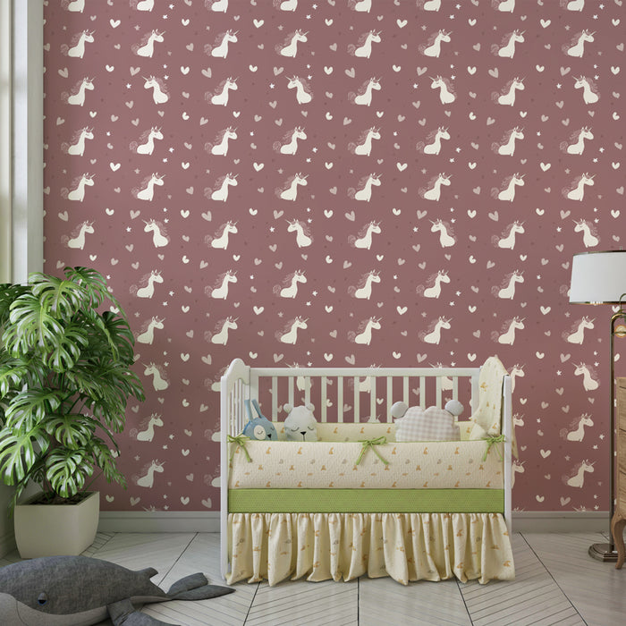 Papel de parede criança com padrões | Unicórnios e corações em fundo rosa