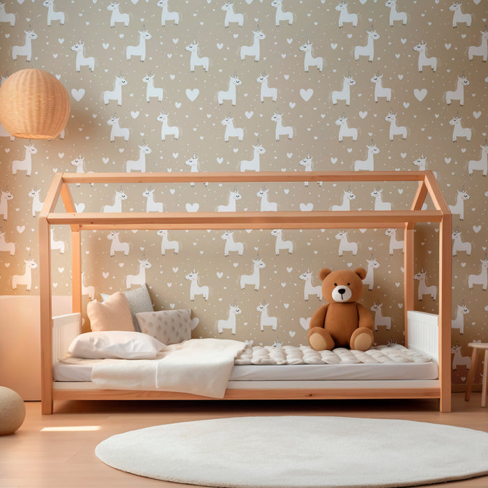 Kids room wallpaper with patterns | Cute unicorns on a beige background