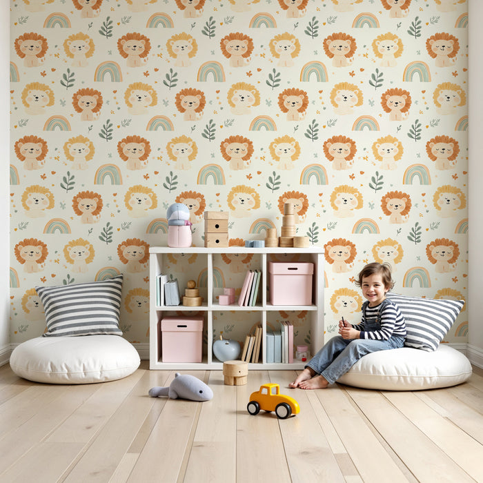 Papel pintado infantil a rayas | Lindos leones y arco iris coloridos